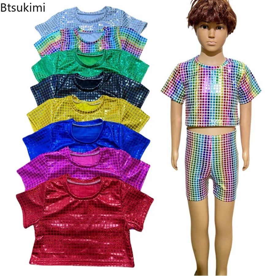Summer Kids Boy Girl Hip Hop Jazz Outfits Set Short Sleeve Metallic Disco Crop Tops Cheerleading Children's Performance Costume