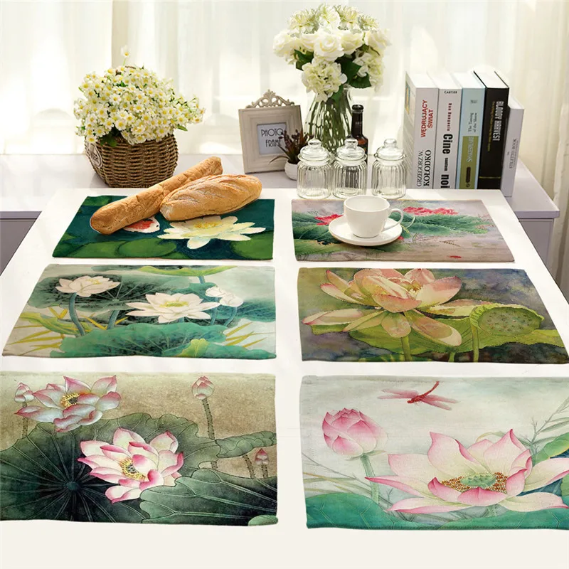 Lotus Flower Placemat for Pad Dining Table Mat Cloth Linen Flax Heat Insulation Non-Slip Placemats Bowl Coaster