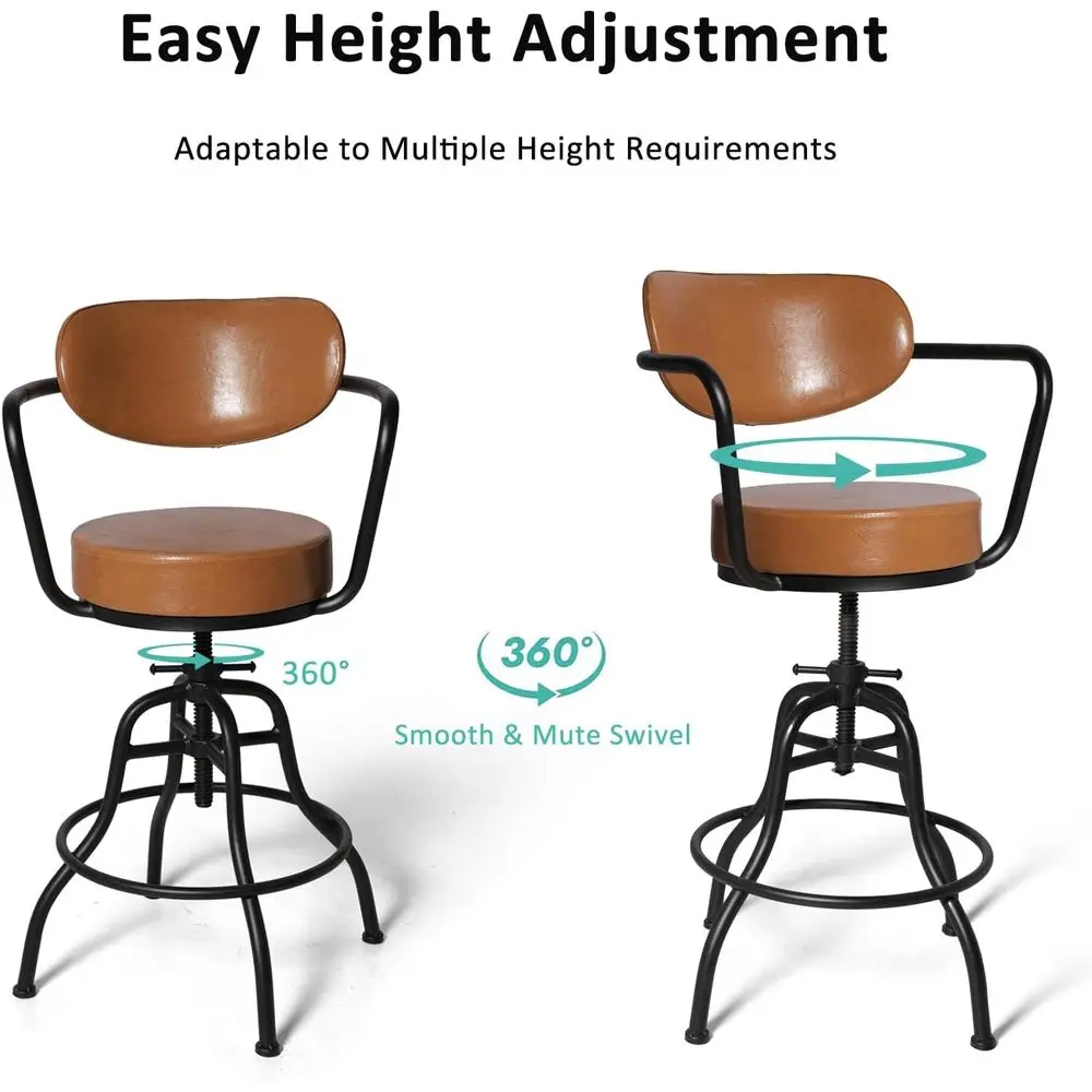 مقعد مرتفع قابل للتعديل من الجلد البني العتيق مع مسند ظهر منجد، 21.65-26 #5