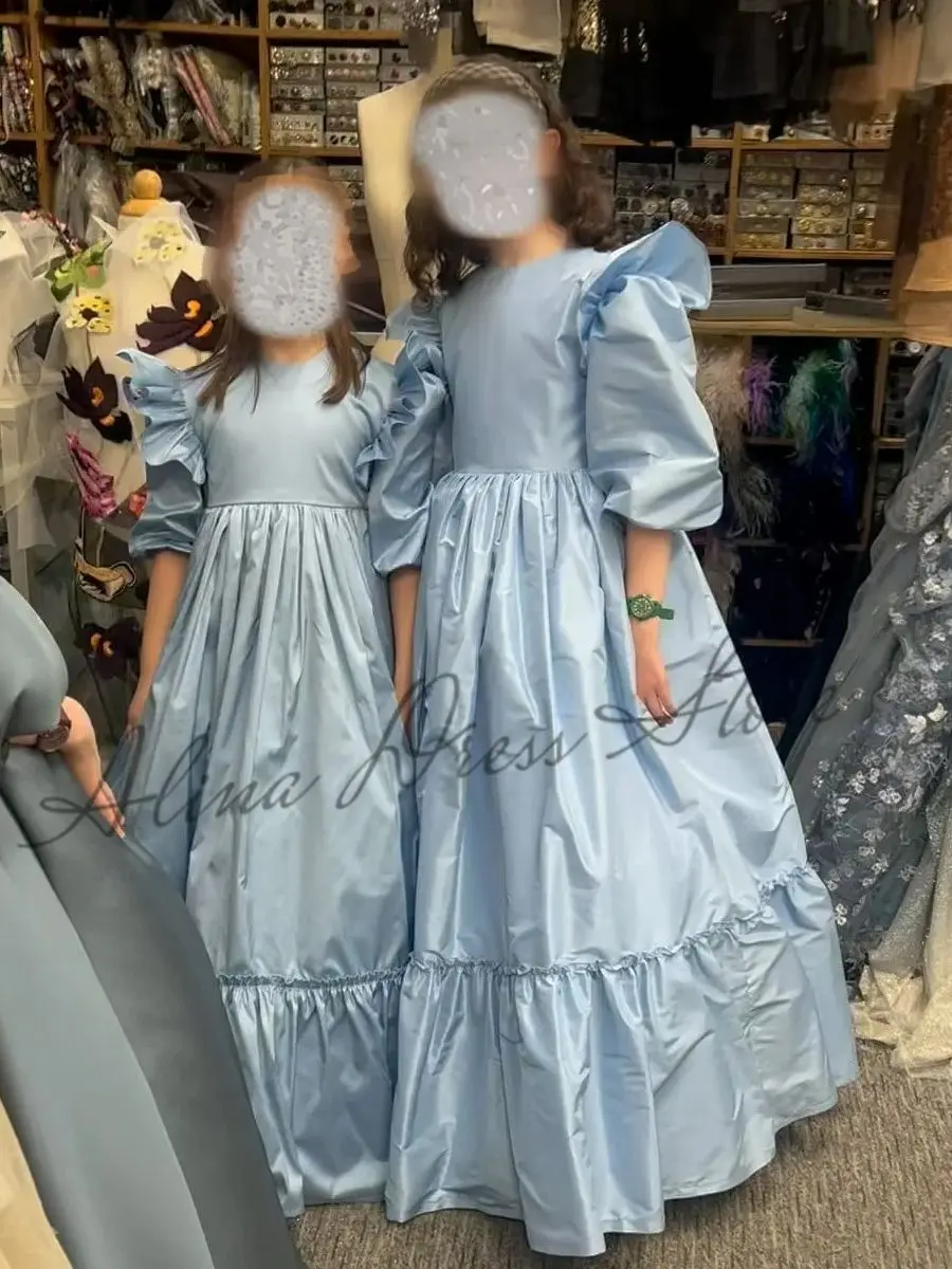 Vestido de menina flor azul céu personalizado para casamento cetim inchado cintura alta simples plissado crianças aniversário primeira comunhão vestido de baile