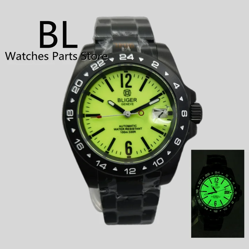 BLIGER New 40mm Men\'s Watch NH35 Automatic Movement Mechanical Wristwatch Black Case Fluorescent Green White Dial Full Luminous