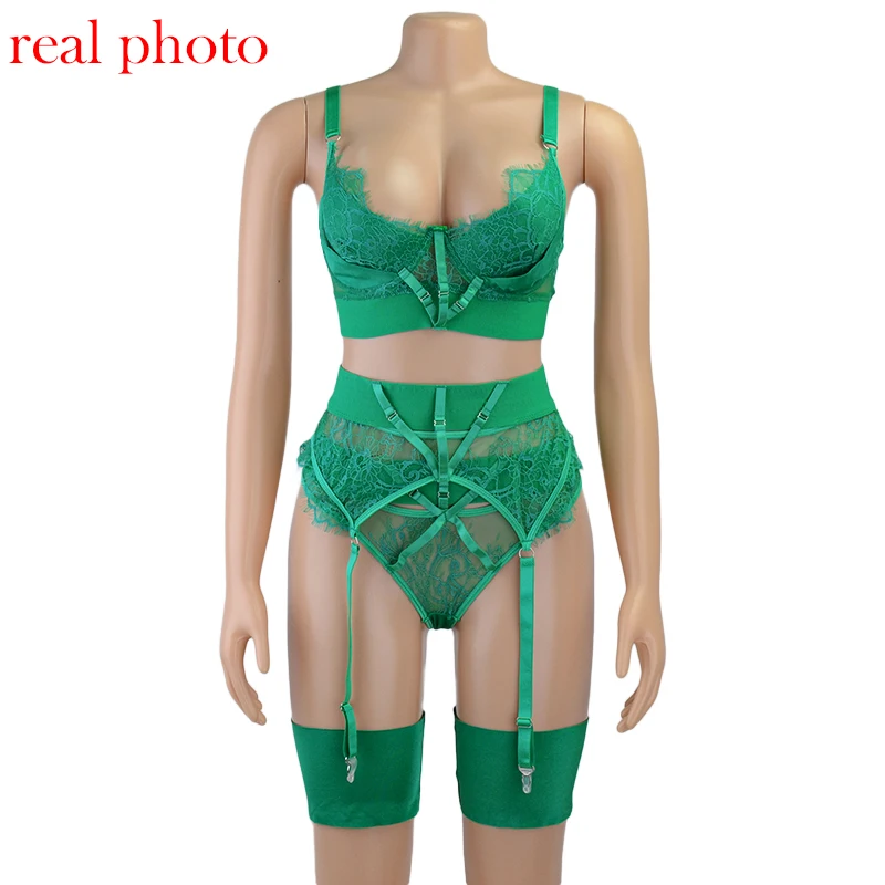 3 piece sexy lingerie Satin and Eyelash Lace Three-Piece Lingerie Set