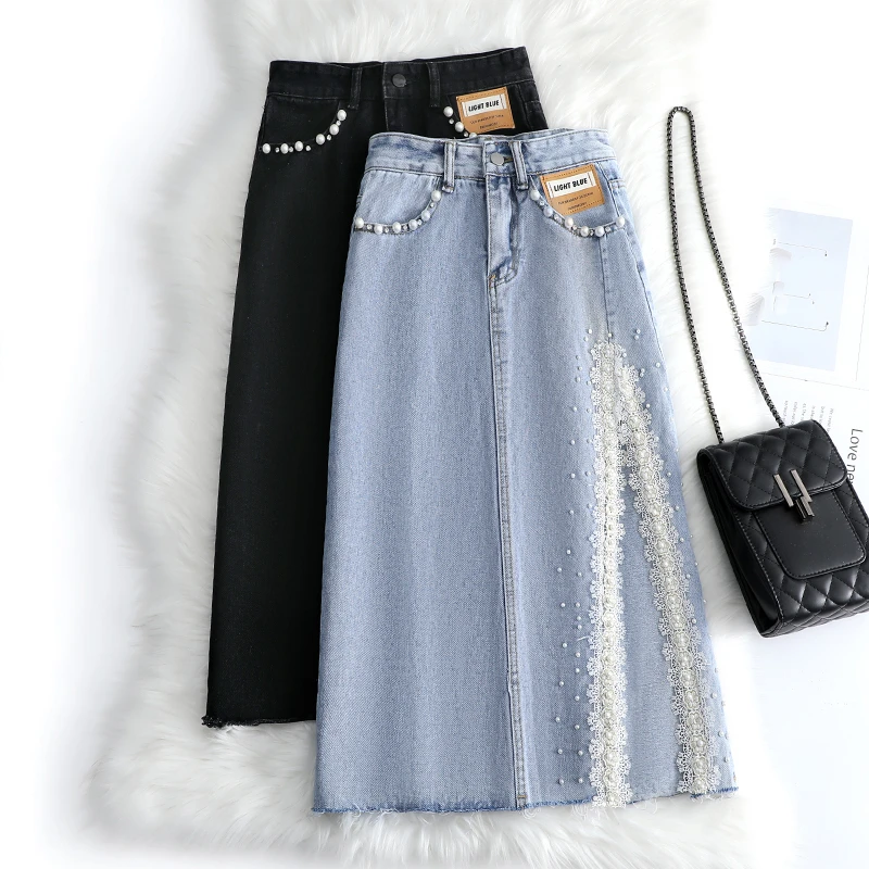 

High Waist Slit Denim Skirt Women's Spring Summer 2022 New Jean Beaded Lace Design Splicing Sense Slim Mid-Length A-skirt Female