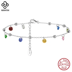 Rinntin Genuine 925 Sterling Silver Chain Anklets with Colorful Cubic Zirconia for Women Fashion Ankle Bracelets Jewelry SA93