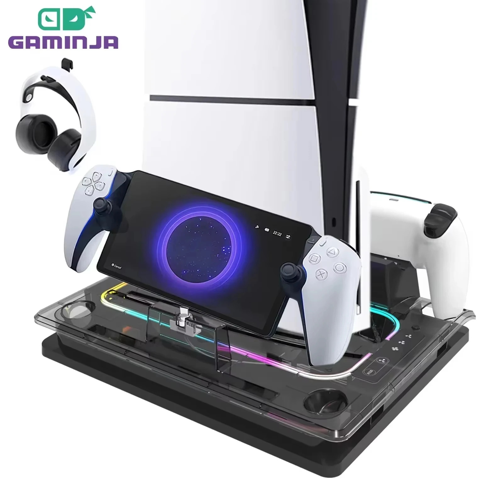 حامل تبريد وحدة التحكم GAMINJA مع أضواء ملونة لجهاز PS5slim PS5 PS Portal Remote Player شاحن مغناطيسي خطاف سماعة الرأس #1