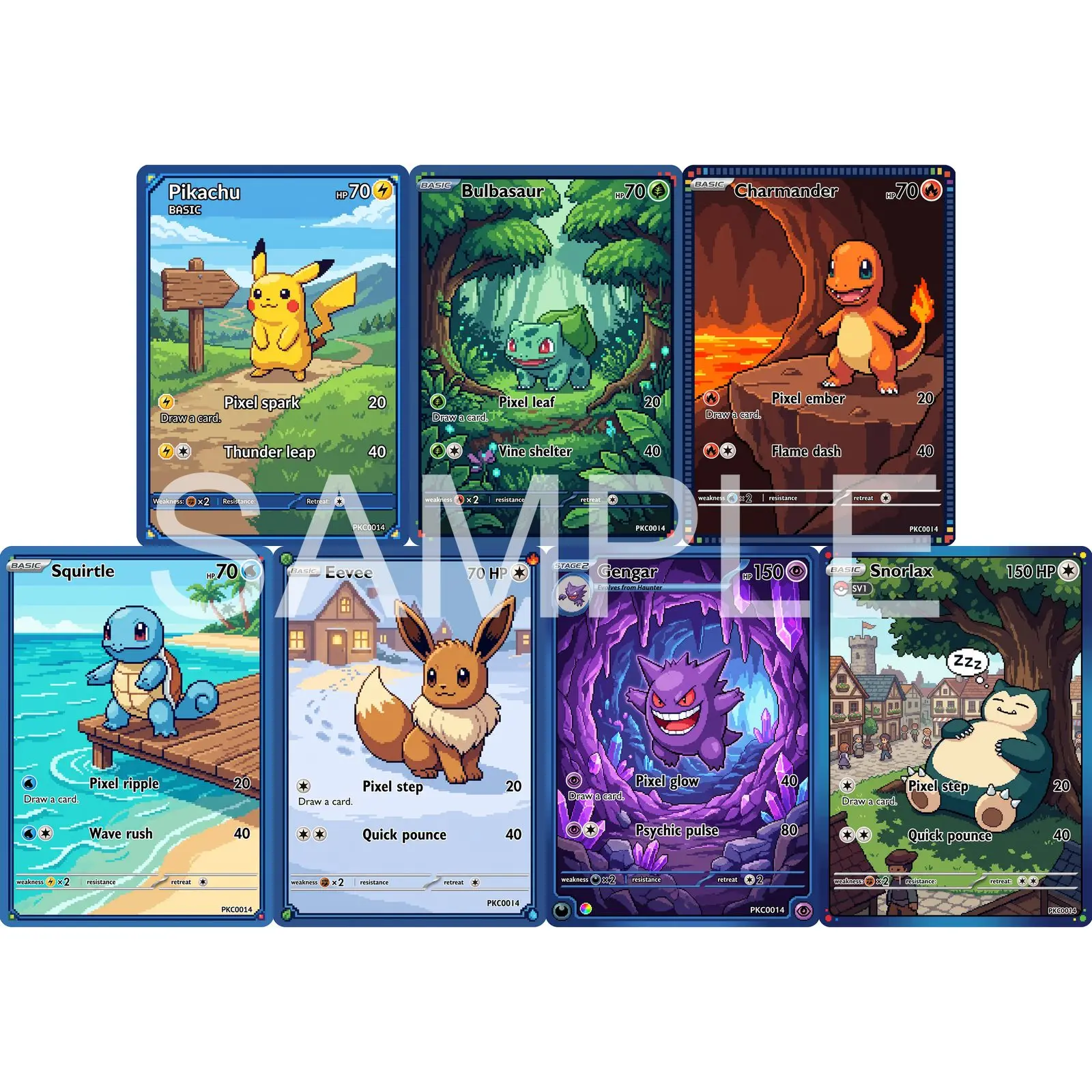 7Pcs PKM Cards PTCG Pixel Art Style Bulbasaur Charmander Squirtle Eevee Gengar Snorlax Custom Art Collection Cards PTCG Gift