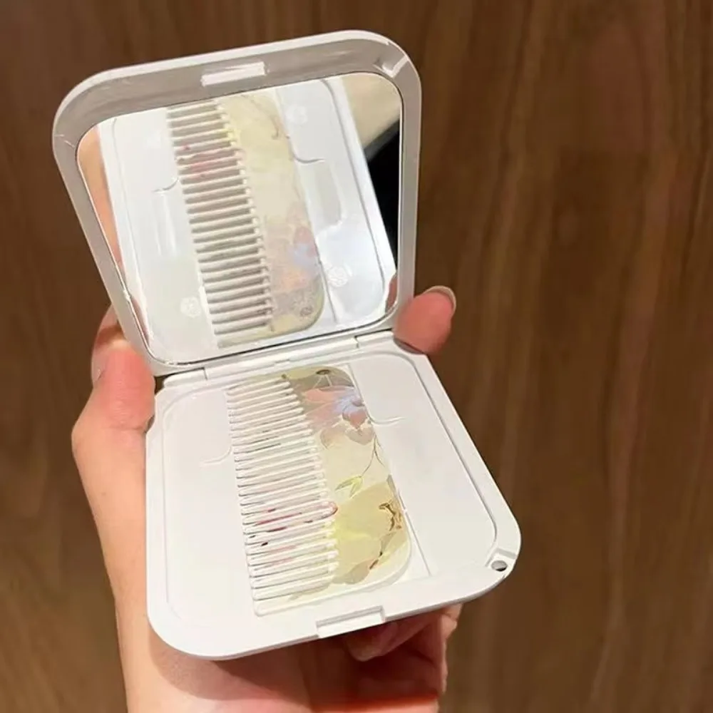 Portable Lotus Folding Makeup Mirror Rectangle with Comb Pocket Mirror Flip-Top Cosmetic Mirror For Women Girls