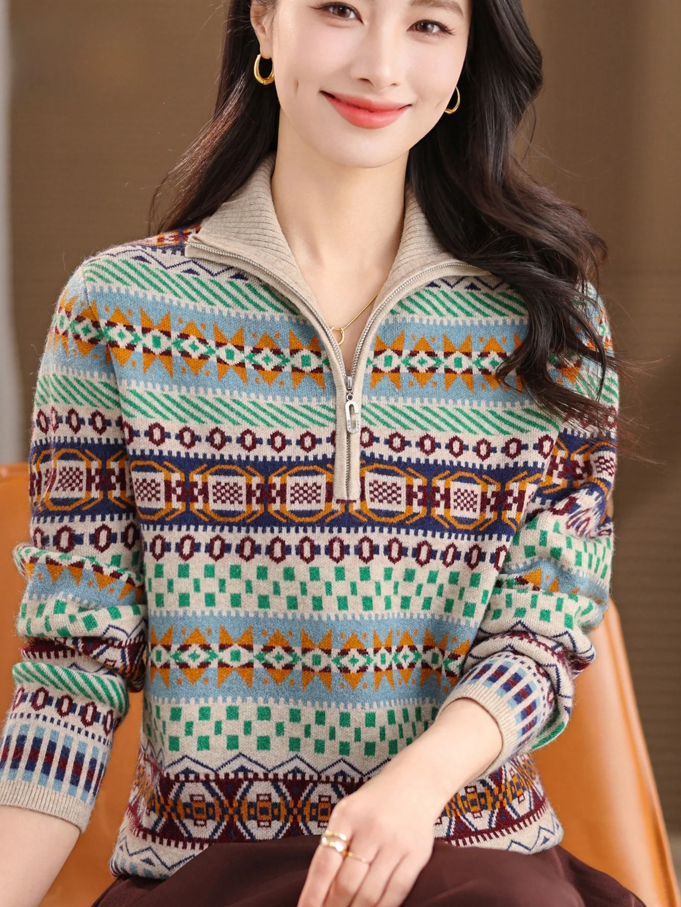 

Autumn Winter Thiened Knitted Sweater Women's Casual Sle Loose Fit Collared f Zipper Warm Top for Middle-Aged And ly