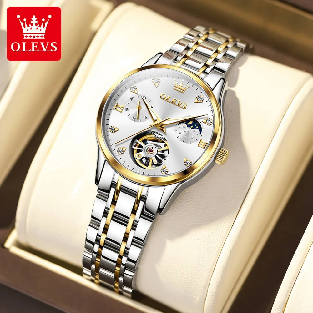 OLEVS 6608 Women's Watches Fashion Skeleton Flywheel Moon Phase Chronograph Multifunctional Automatic Mechancial Watch for Women