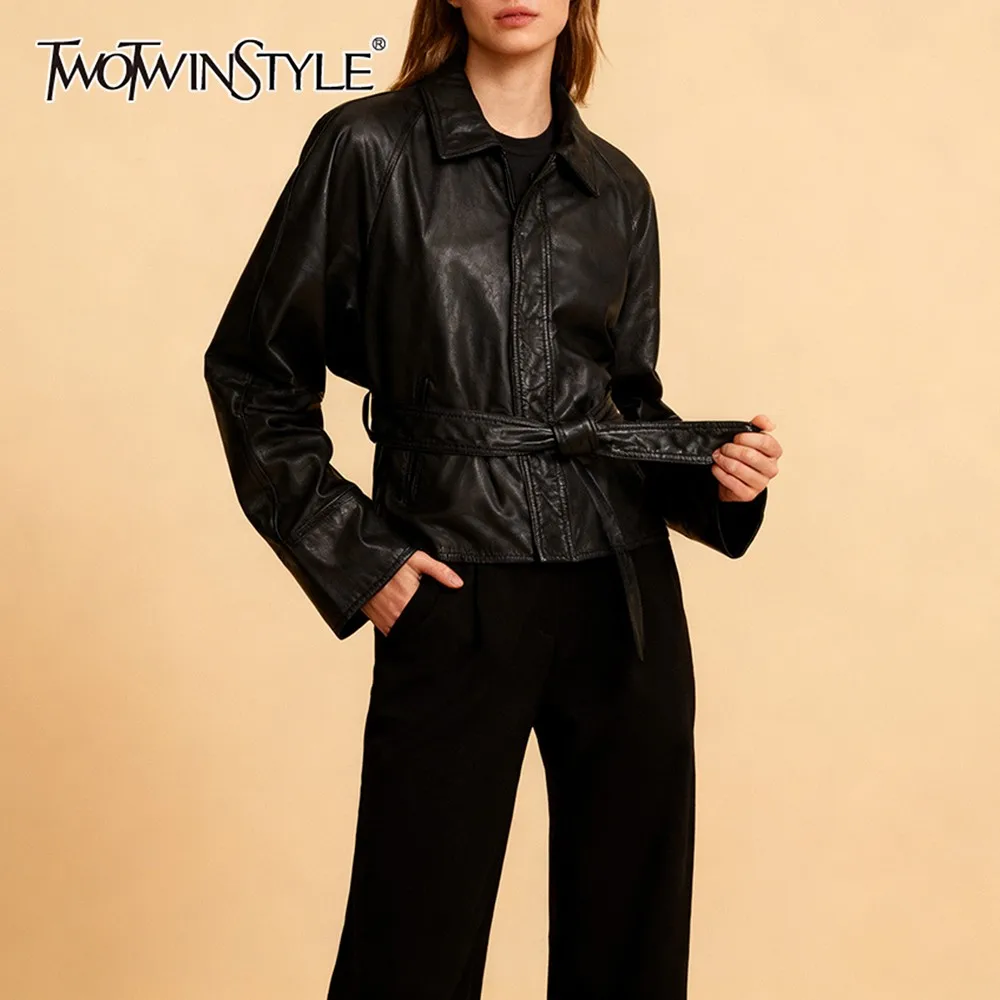 

TWOTWINSTYLE Casual Vintage Leather Coat For Women Lapel Long Sleeve Spliced Lace Up Short Length American Street Jacket Female