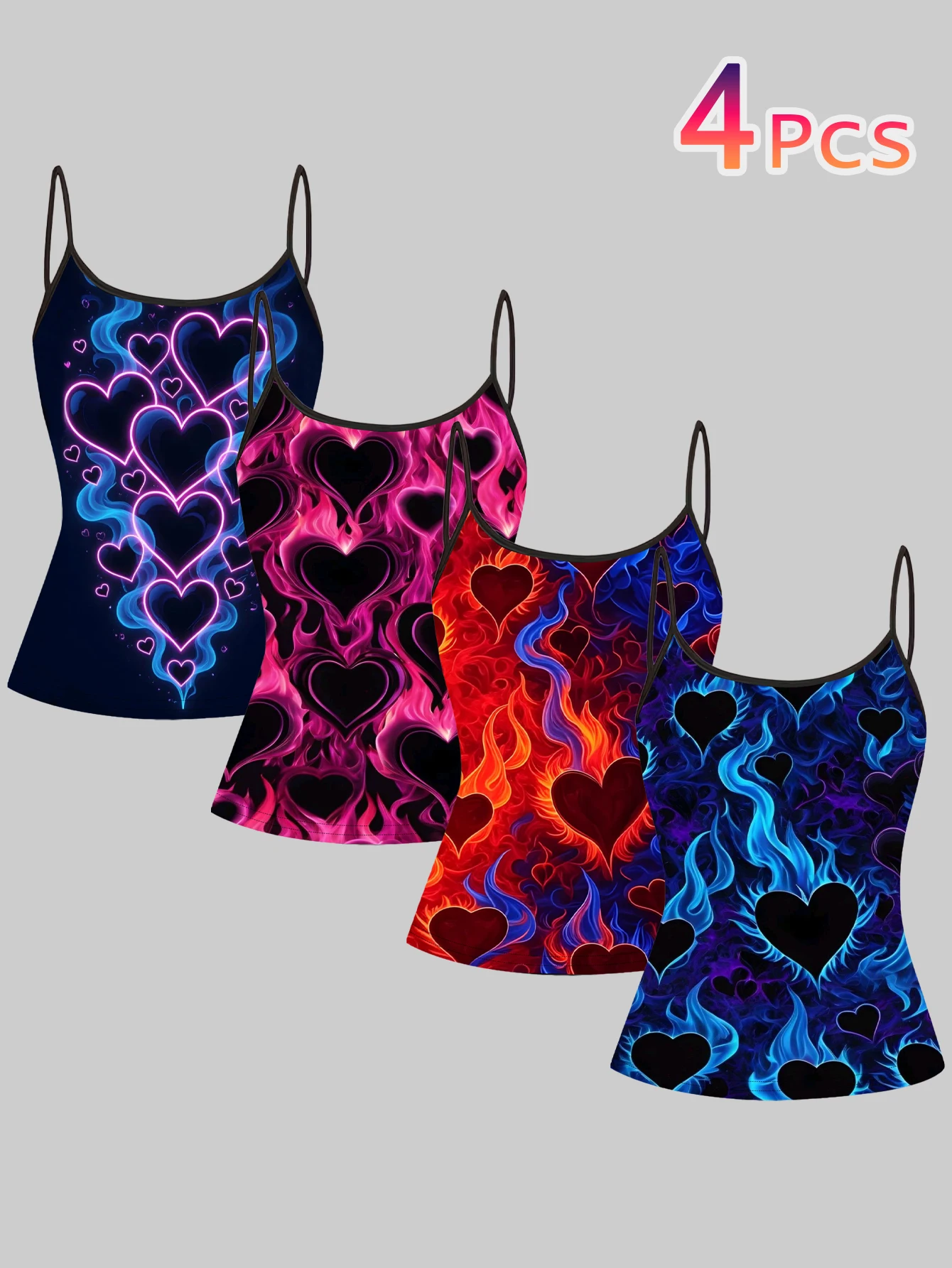 4-Piece Set of Women's Flame Heart Print Camisoles with Neon Cool Gradient Patterns, Slim-Fit Inner Tops