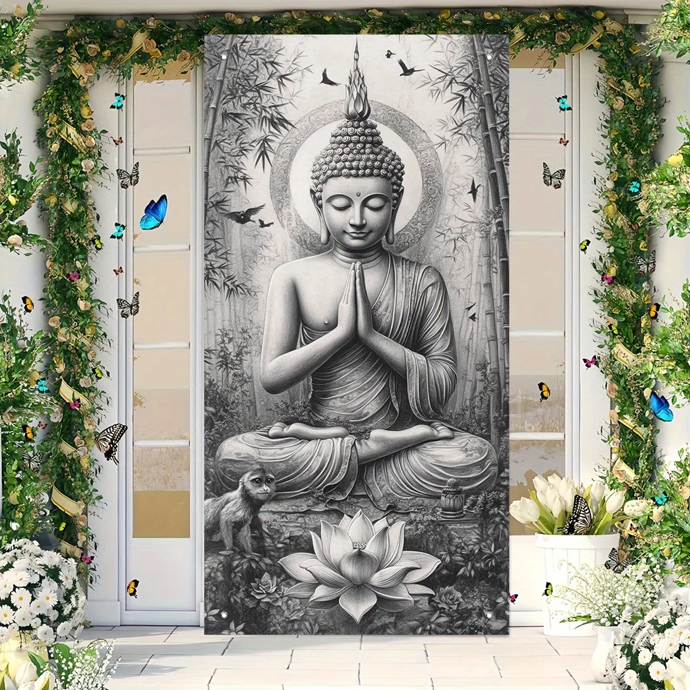 1pc Door Banner Featuring a Zen Statue Door Cover Measures 90x180 cm Curtain Polyester Material Family Party Decor Photo Cloth