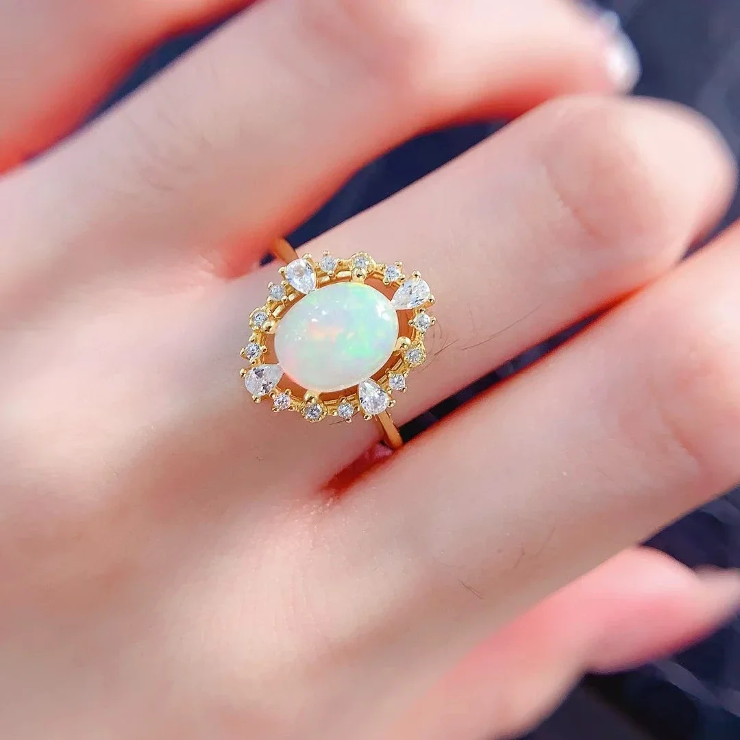 100% Natural White Opal Ring 7mm*9mm Australian Opal 925 Silver Ring with 3 Layers 18K Gold Plating