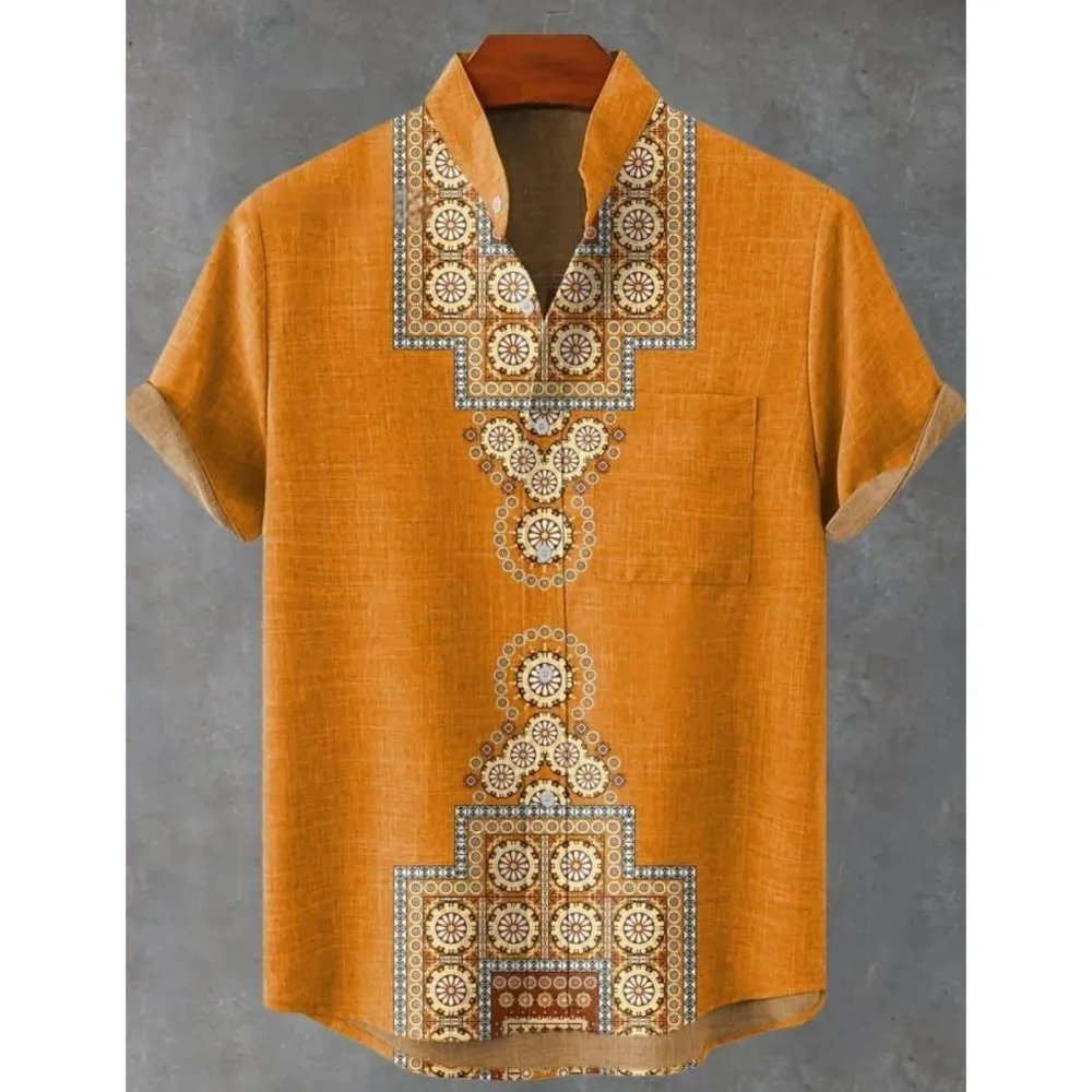 Moslim Kleding Heren 레트로 부족 토템 패턴 인쇄 남성용 리넨 편안한 패브릭 반팔 셔츠 부족 민족 스타일