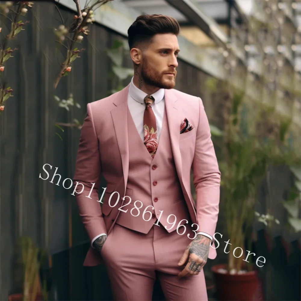 Pink Elegant Men Suits Slim Fit Notched Lapel Two Buttons Casual Suit Male Tuxedos For Wedding Blazer Pants Costume Homme