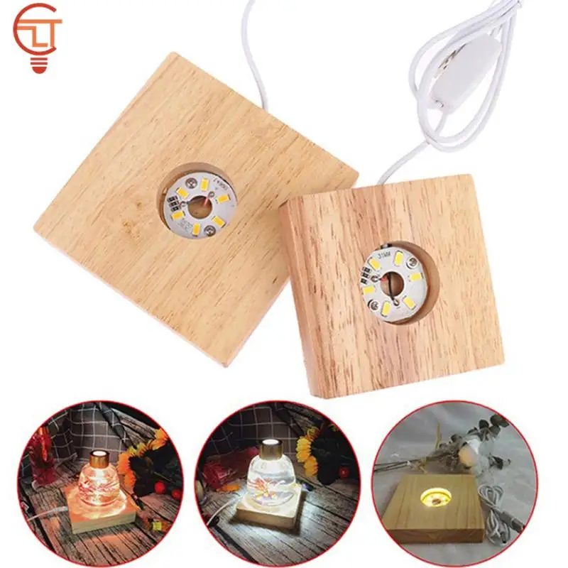 8cm USB Wooden LED Light Dispaly Base Crystal Glass Resin Art Ornament Wooden Night Lamp Base Rotating Display Stand Holder