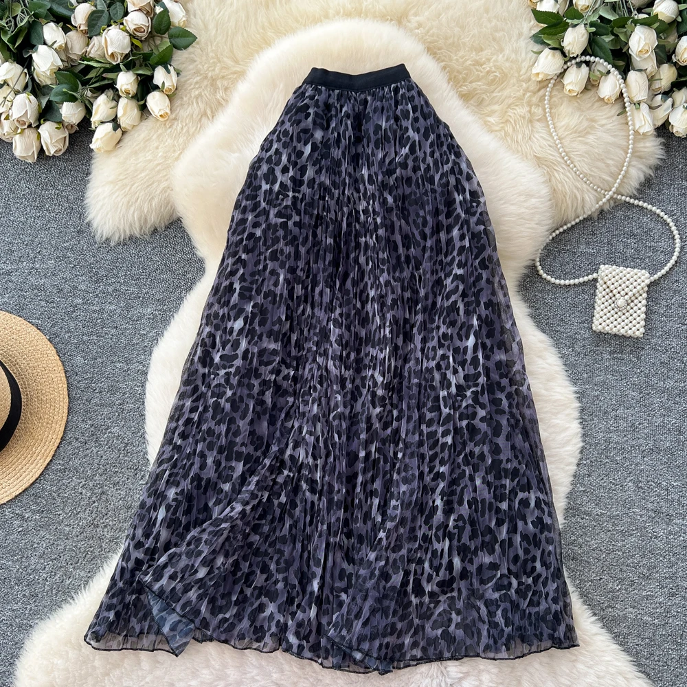 Chic Vintage Elegant leopard mesh High Waist Straight Skirt Korean Streetwear High Street Autumn Clothing