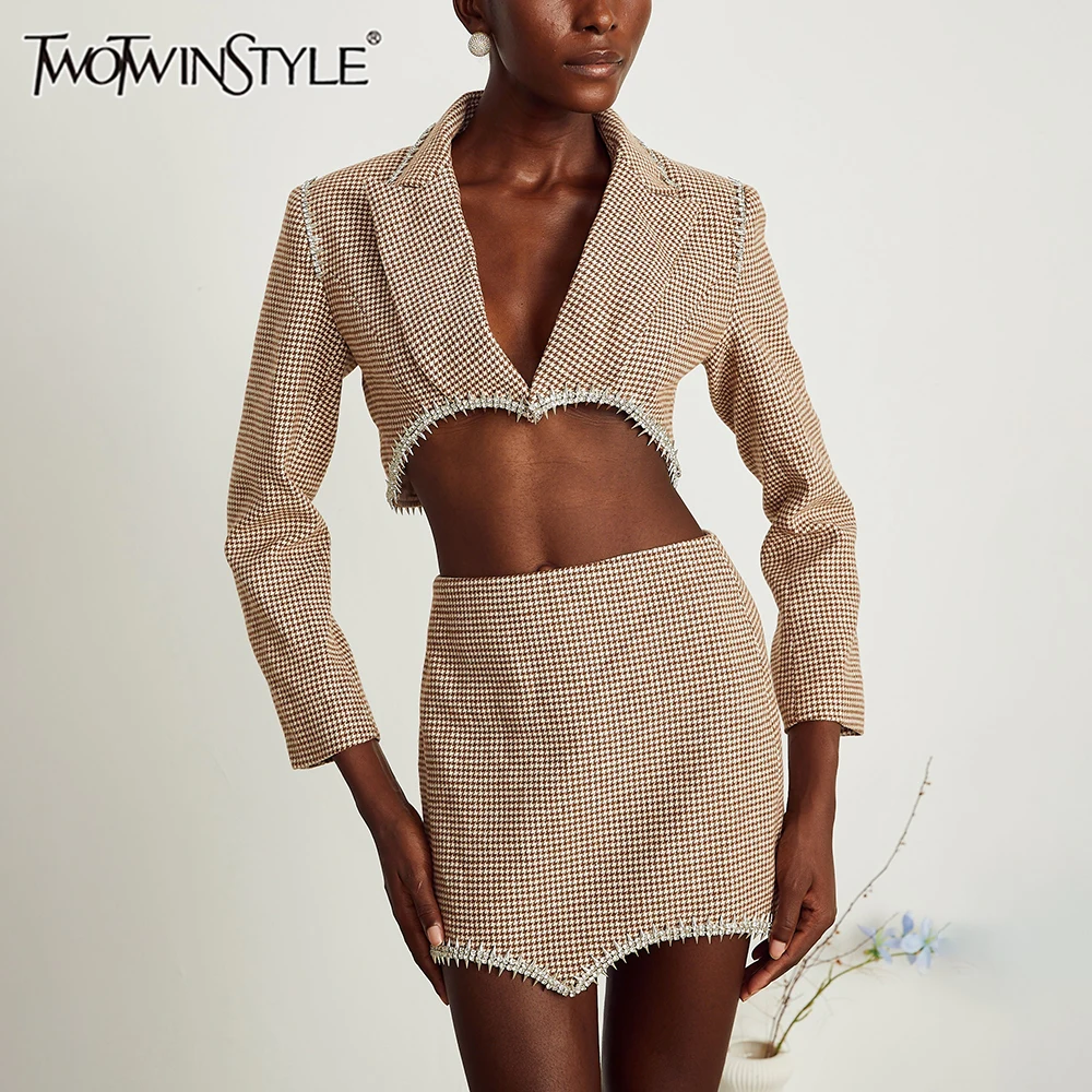 

TWOTWINSTYLE Hit Color Two Piece Set for Women Notched Collar Long Sleeve Spliced Bead Coat High Waist Skirt Casual Set Female