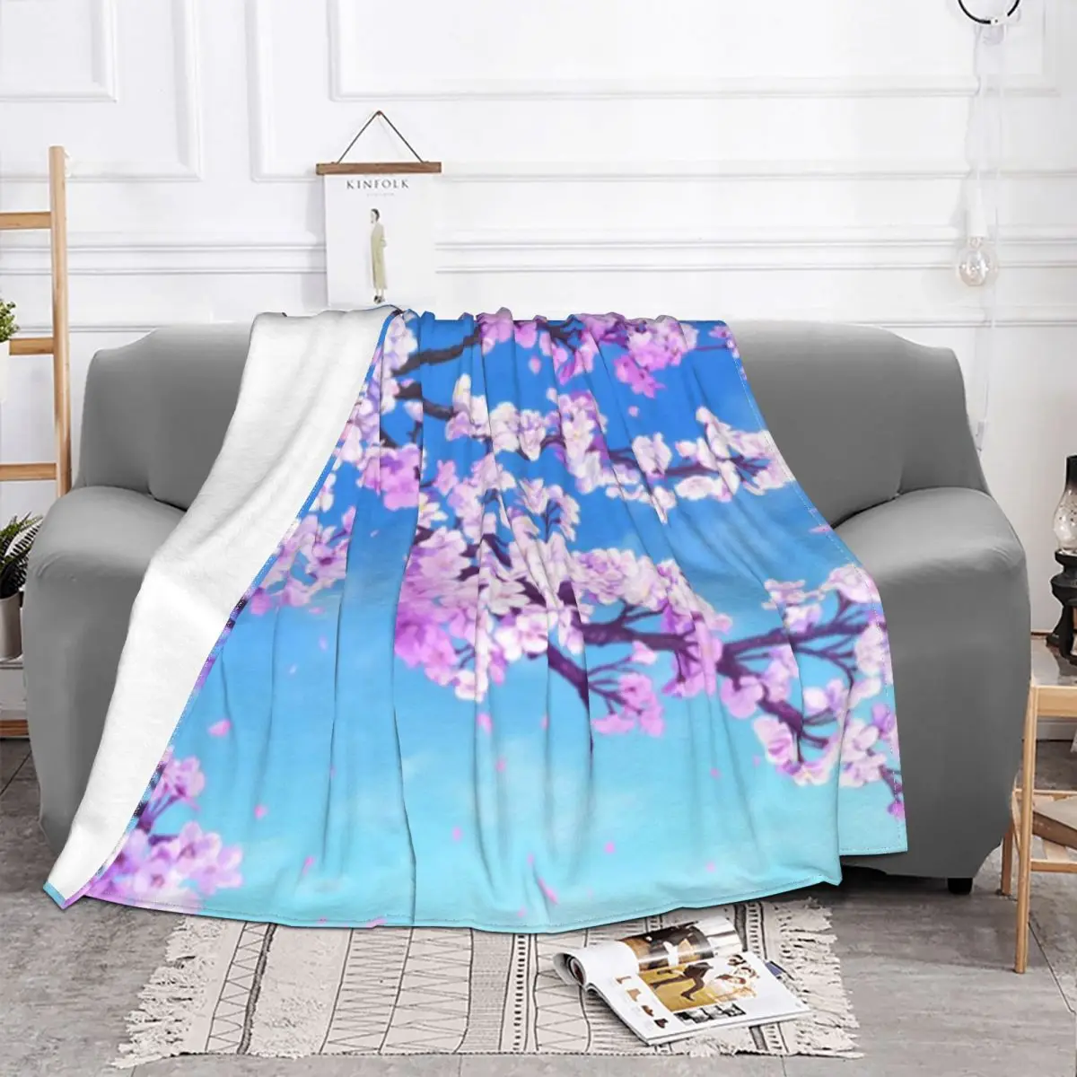 Sakura Blooming Flannel Blanket Cherry Japanese Flower Awesome Throw Blanket for Sofa Bedding Lounge 150*125cm Rug Piece