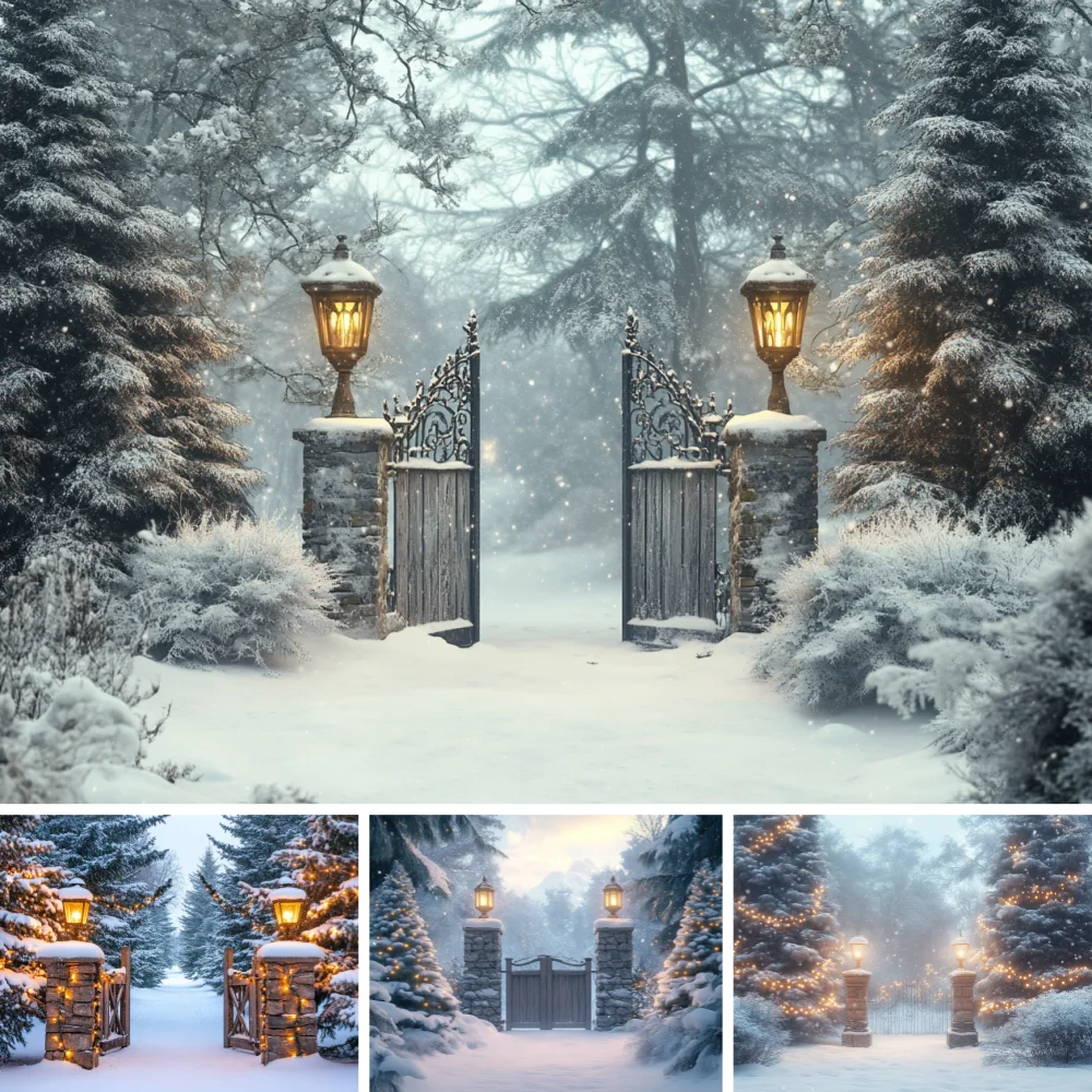 Winter Snowy Forest Gate Photography Backdrop Vintage Stone Pillar Street Lamp Frost Pine Tree Snowflake Shoot Background