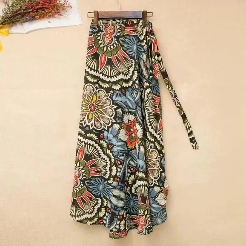 

Summer beach women's floral high waisted half length skirt, one-piece wrap skirt for slimming, retro hip wrap skirt