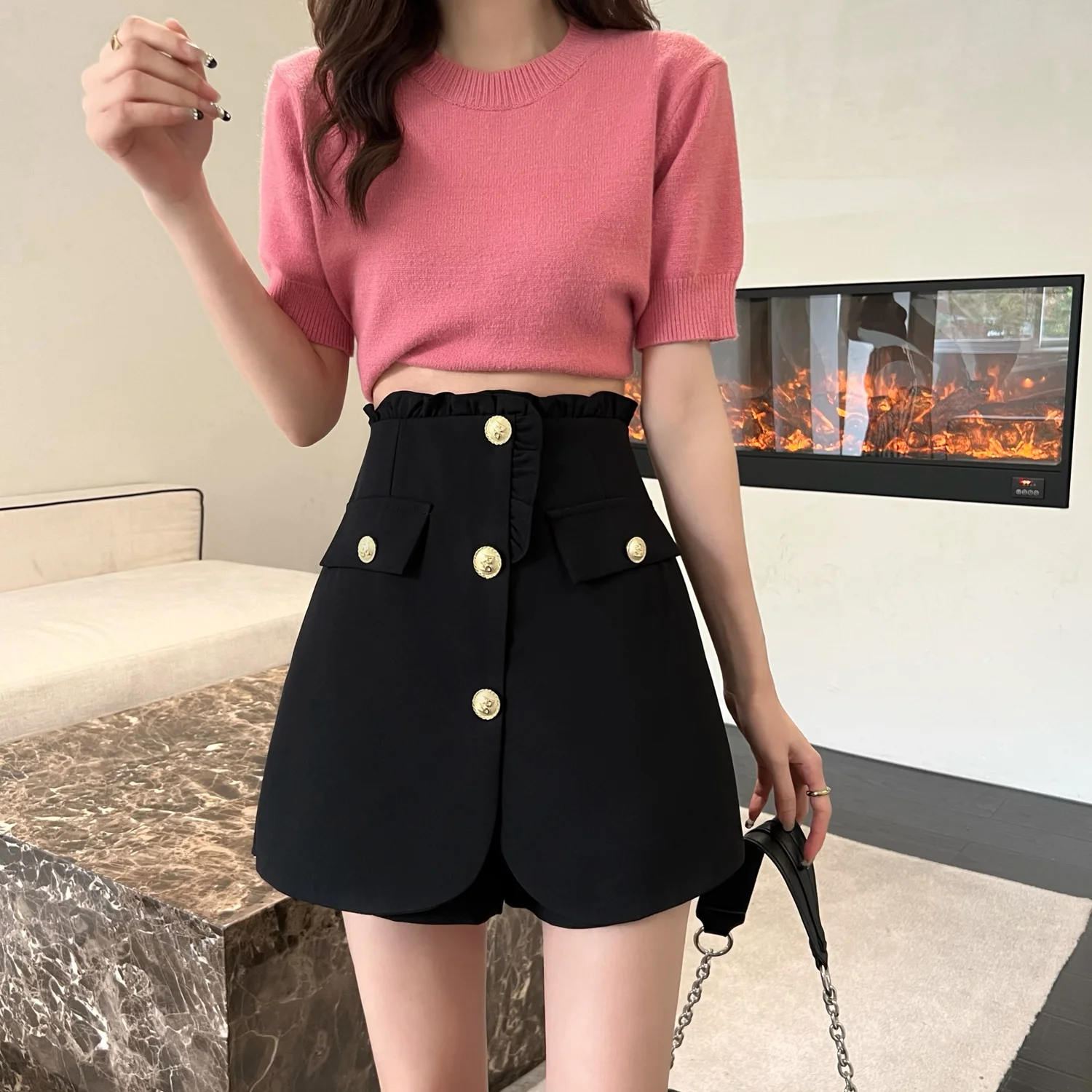 Design Loose Women High Waist Short Suit Pants Skirt Spring Summer Wide Leg Korean Ladies Casual Shorts Black White Irregularity