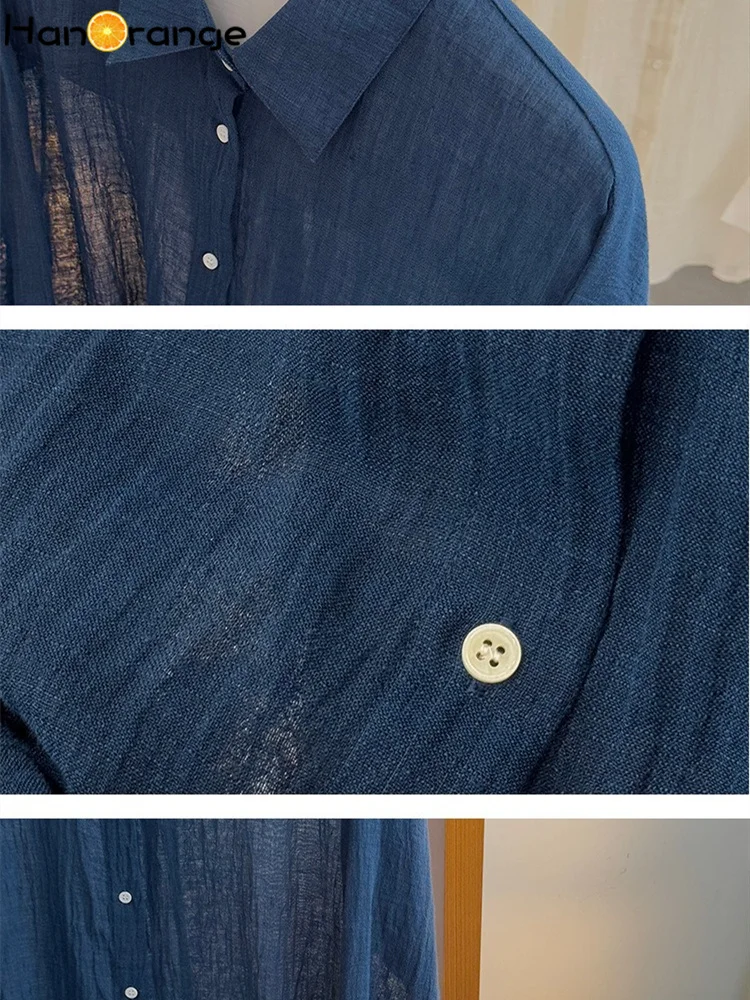 HanOrange 2025 Lightweight Silhouette Bamboo Knot Texture Shirt women Lyocell Linen Drape Breathable Top White/Blue