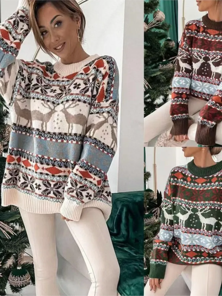 2024 Autumn Winter Women\'s New Knitted Sweater Round Neck Loose Christmas Theme Jacquard Long Sleeve Women\'s Sweater