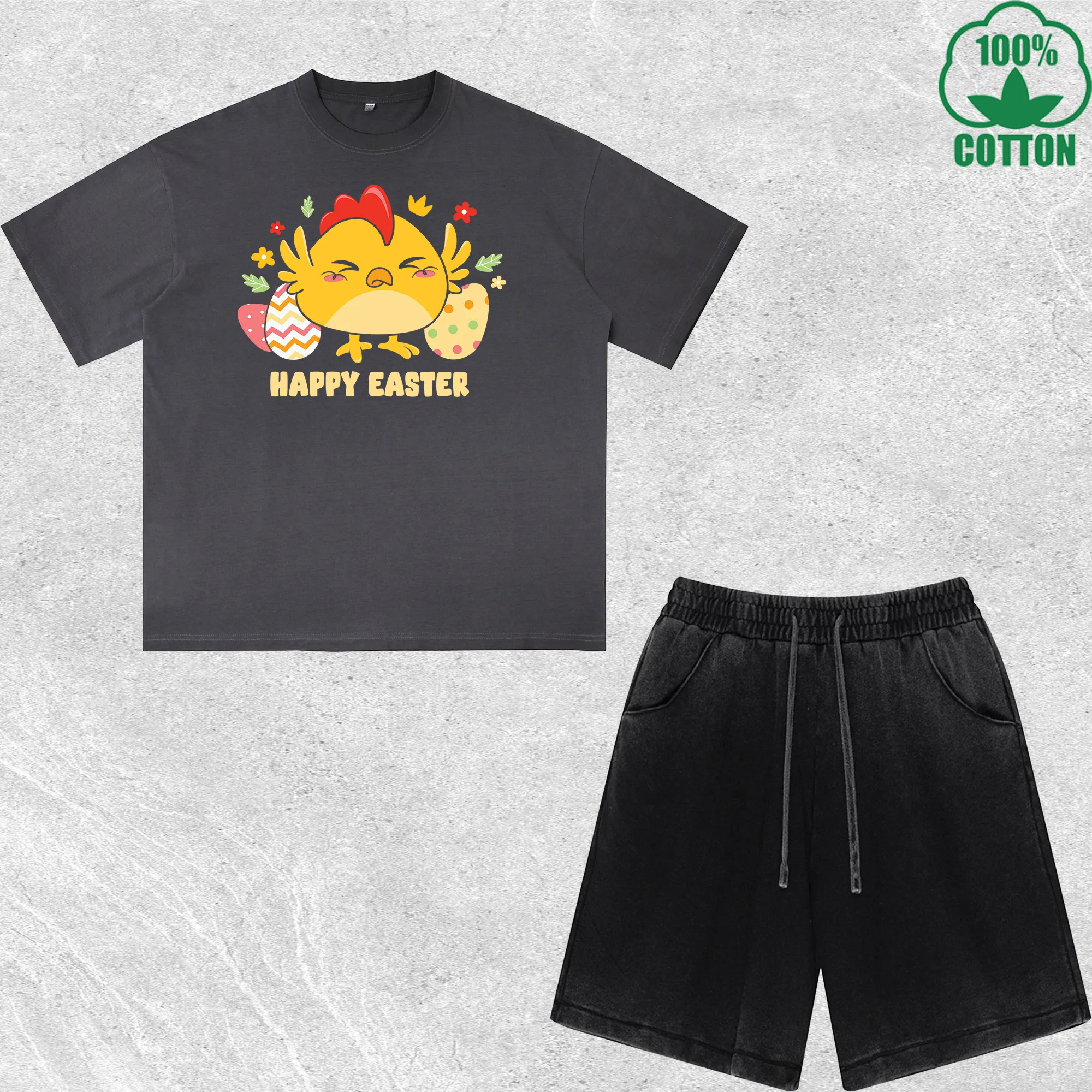 

Chibi Easter Cute Chick Printed Dirty Wash T-Shirt Shorts Set Multicolor Combo Loose Trendy Fashionable 100%Cotton