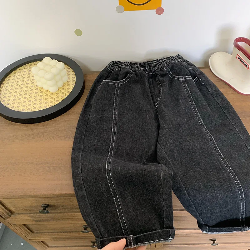 RAISE Children Boys Jeans Autumn Stickers Pockets Junior Boys Denim Pants Loose Elastic Waist Teens 2-10Yrs Boys Casual Pants