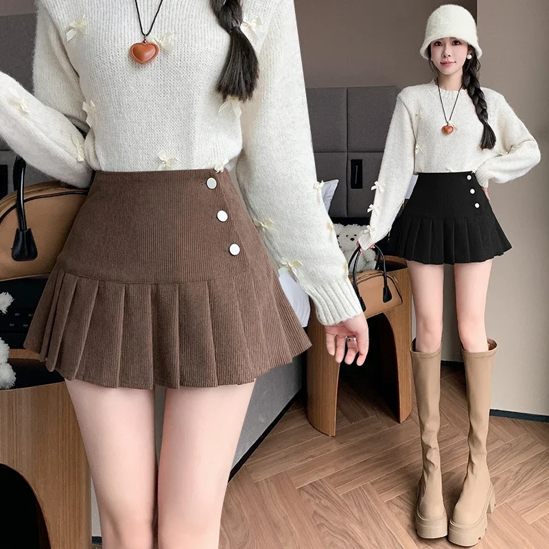 

Corduroy pleated skirt for women in autumn and winter, high waisted split anti light half skirt, short skirt A-line skirt