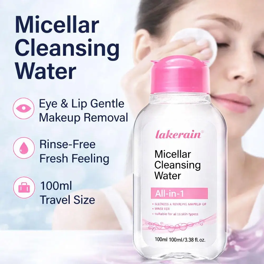 100ml Travel Size Micellar Cleansing Water, All-in-1 Rinse-Free Makeup Remover for Face Eyes Lips, Suitable for All Skin Types
