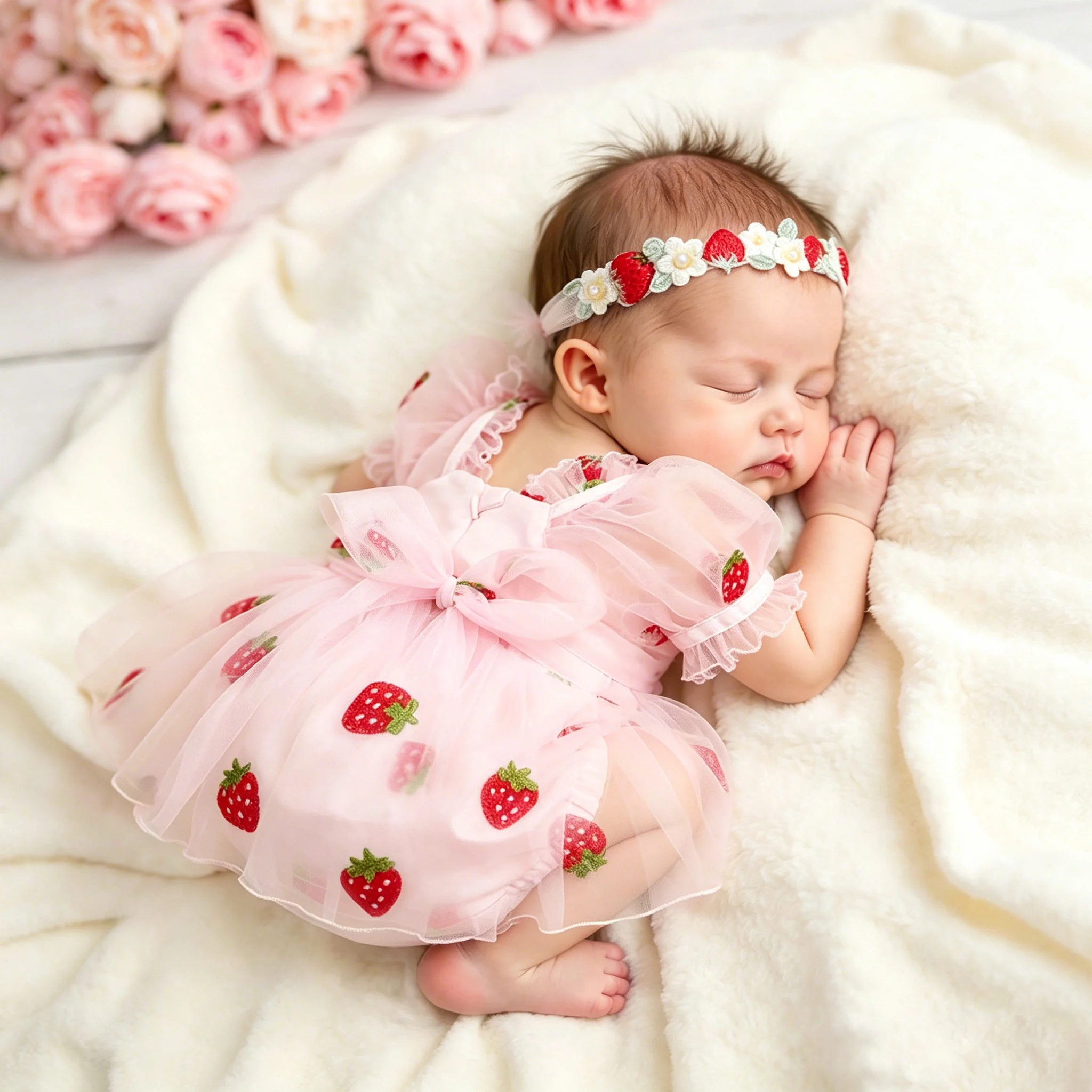 Neugeborenen-Fotografie Erdbeer-Baby-Mädchen-Stramplerkleid mit Stirnband Tüll-Prinzessinnenkleid Säuglings-Partykostüm Babyparty-Geschenk-HD