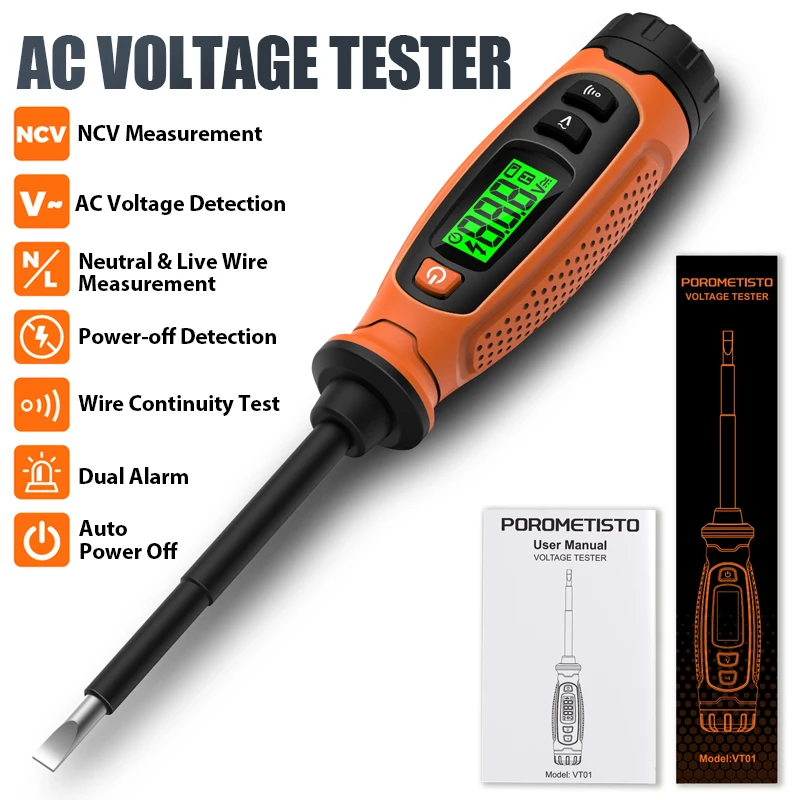 VT01 AC Digital Voltage Tester 3-500V Screwdriver Electrical Pen NCV Wire Live/Null Test Breakpoint Finder Audible&Visual Alarm
