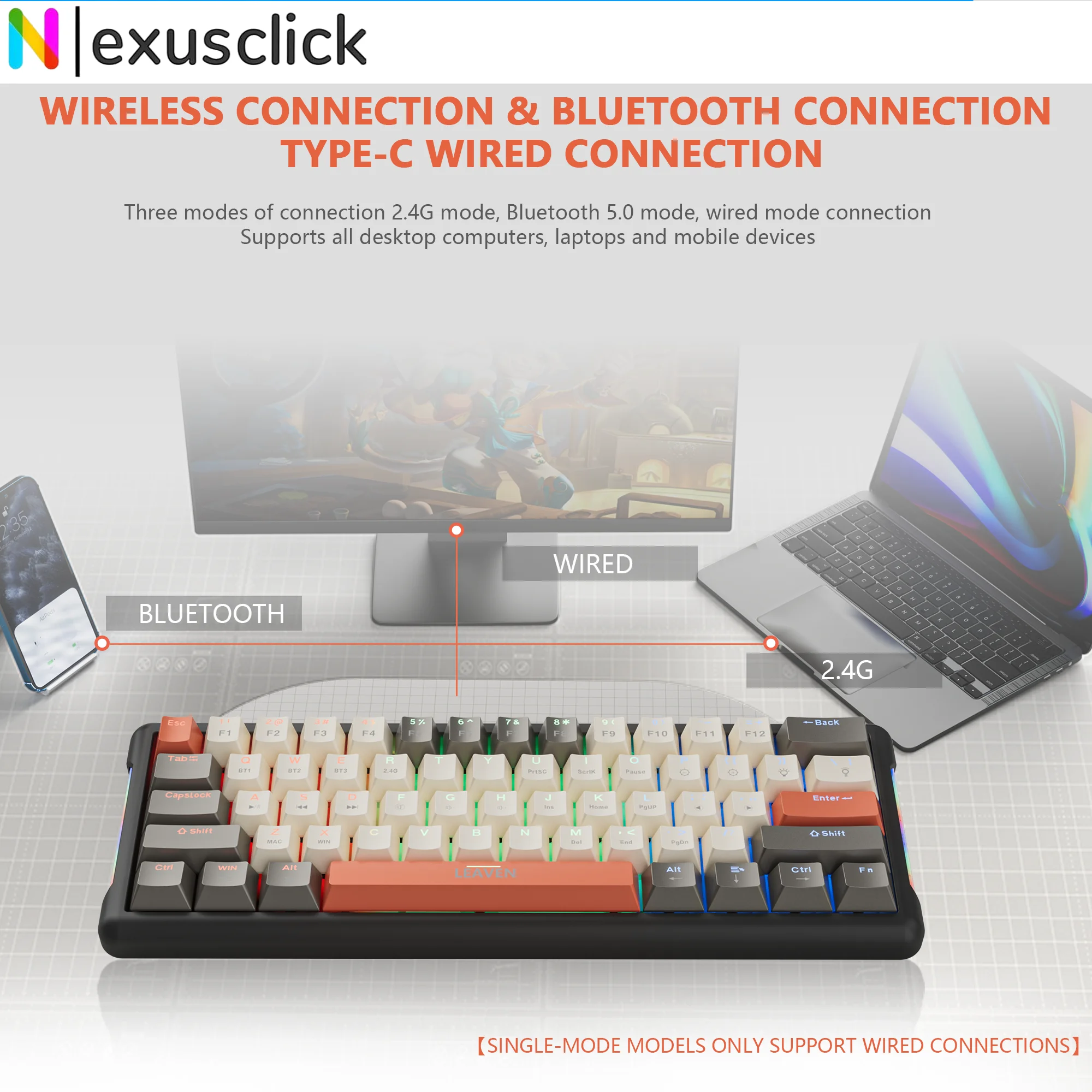 NexusClick Tri-Mode Mechanical Gaming Keyboard 2.4G/Bluetooth/Wired Hot Swappable Red Switch RGB Backlight Keyboard For PC