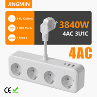 EU Electrical Power Strip With 4 AC Outlet 2 USB A And 1 Type C Port Fast Charge Extension Socket Surge Protector For Home 3840W