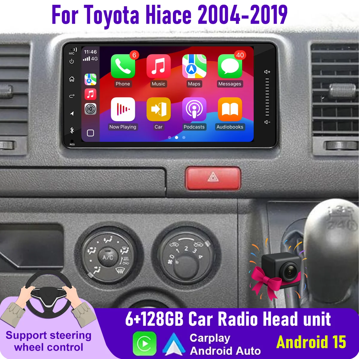 

7" Wireless CarPlay Android auto 8Cores 6+128GB Car Radio For Toyota Hiace 2004-2019 Android15 Head Unit GPS BT Navi QLED Screen