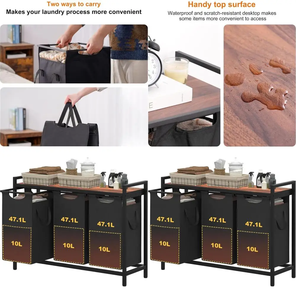 

Triple 12.5 Gallon Laundry Baskets with Large Desktop Sorter for Efficient Laundry Room, Bathroom, and Dorm Organization in Waln