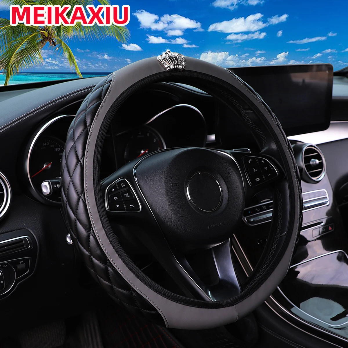 Soft Leather Steering Wheel Cover Embroidered Crown with Diamonds Blingbling Car Decoration Accessory No Inner Ring Included