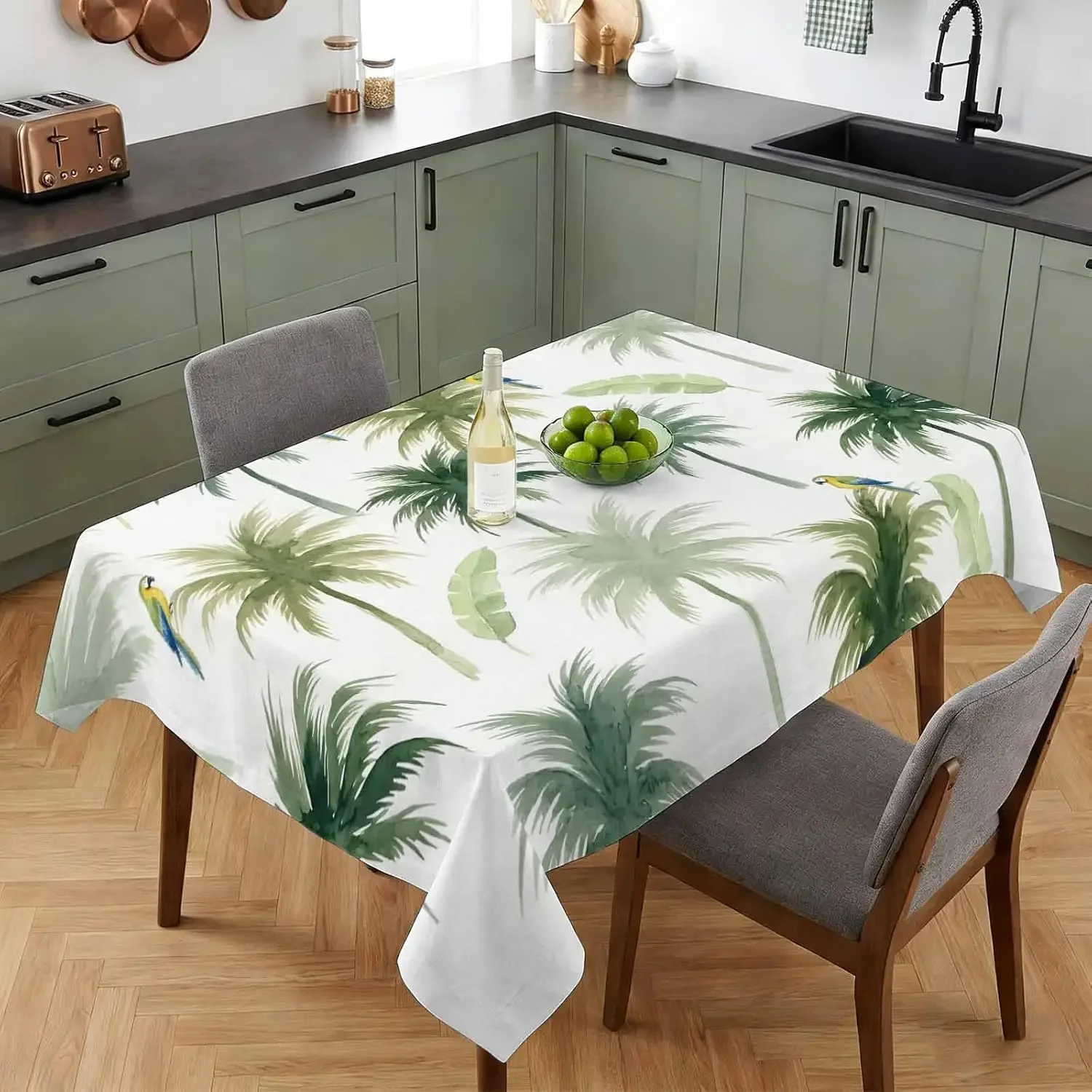 1pc Tropical Style Tablecloth White Green Palm Leaves Parrot Print Table Cover For Dining Kitchen Party Dustproof Rectangular