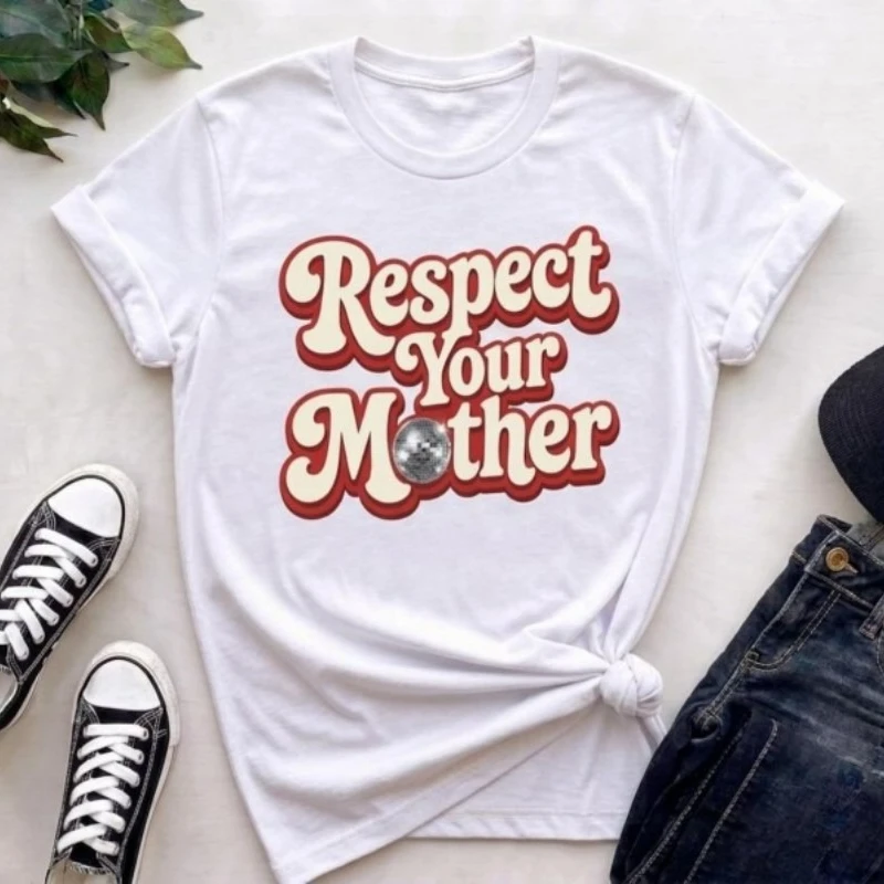 Respect Your Mother T Shirt Women Disco Ball Retro Graphic Tee Mothers Day Casual Tops Streetwear Daily Wear Fashion Top