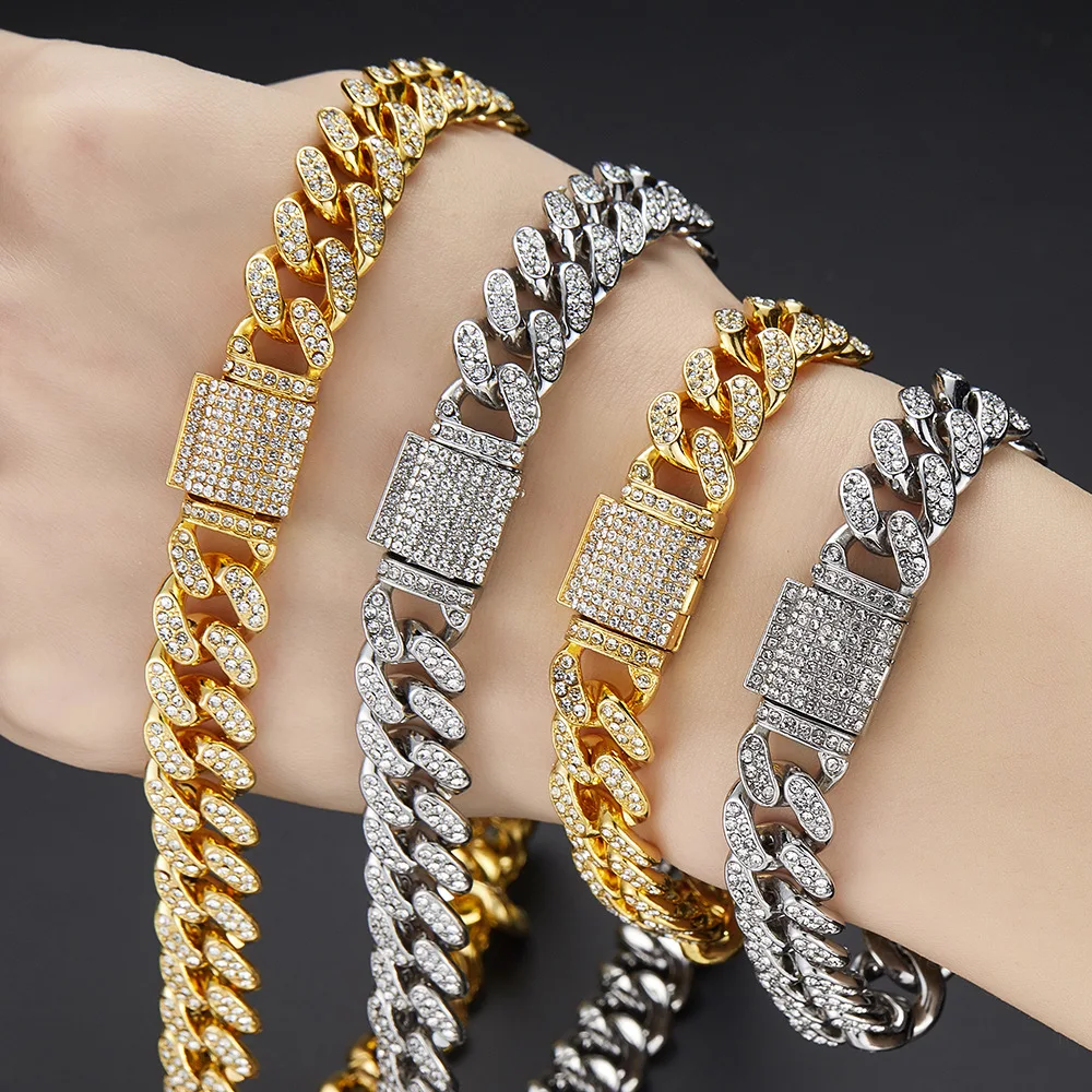 12mm Iced Out Crystal Prong Miami Cuban Chain Necklace for Women Men Bling Paved Rhinestone Choker Necklace Hip Hop Jewelry Gift