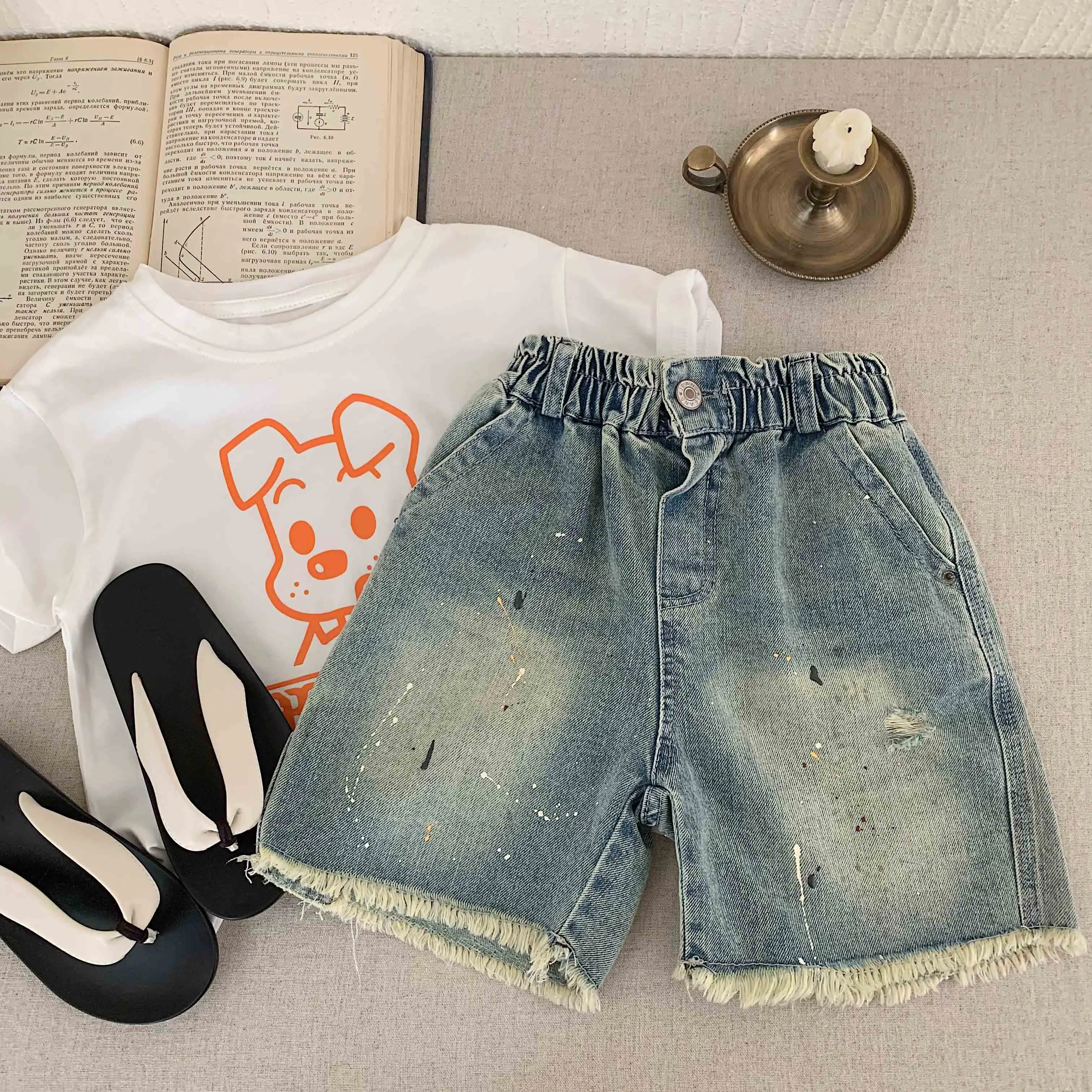 

Children's shorts 2025 with added sugar summer new product for boys and girls Korean version splashed denim shorts for babies wi