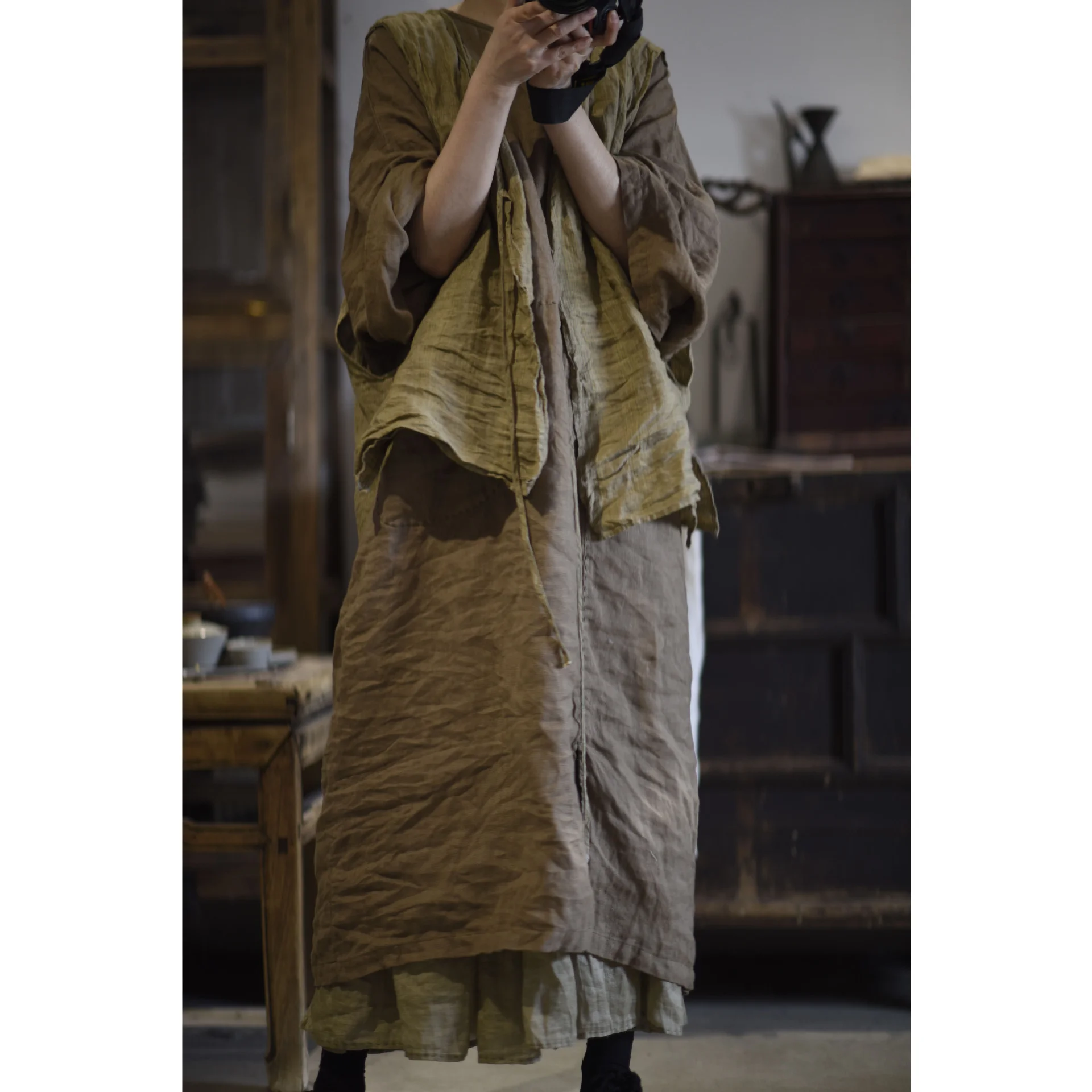 Original Spring New Artistic Color Woven Stripe Linen Open Cardigan Belted Dr round Ne Pullover Long Robe 