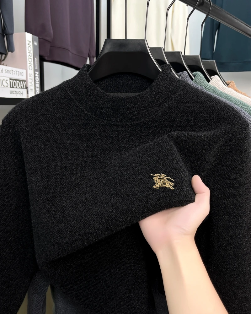 

High quality velvet warm sweater men's luxury brand warhorse embroidery winter new fashion casual round neck knitted pullover