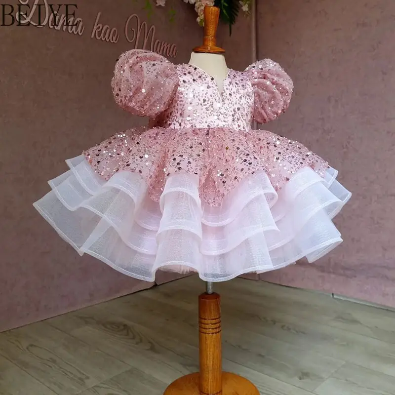 

Girls Pink Sequin Puff Sleeve Tulle Dress Princess Ball Gown for Photoshoot Children Bubble Sleeve Special Events Dress