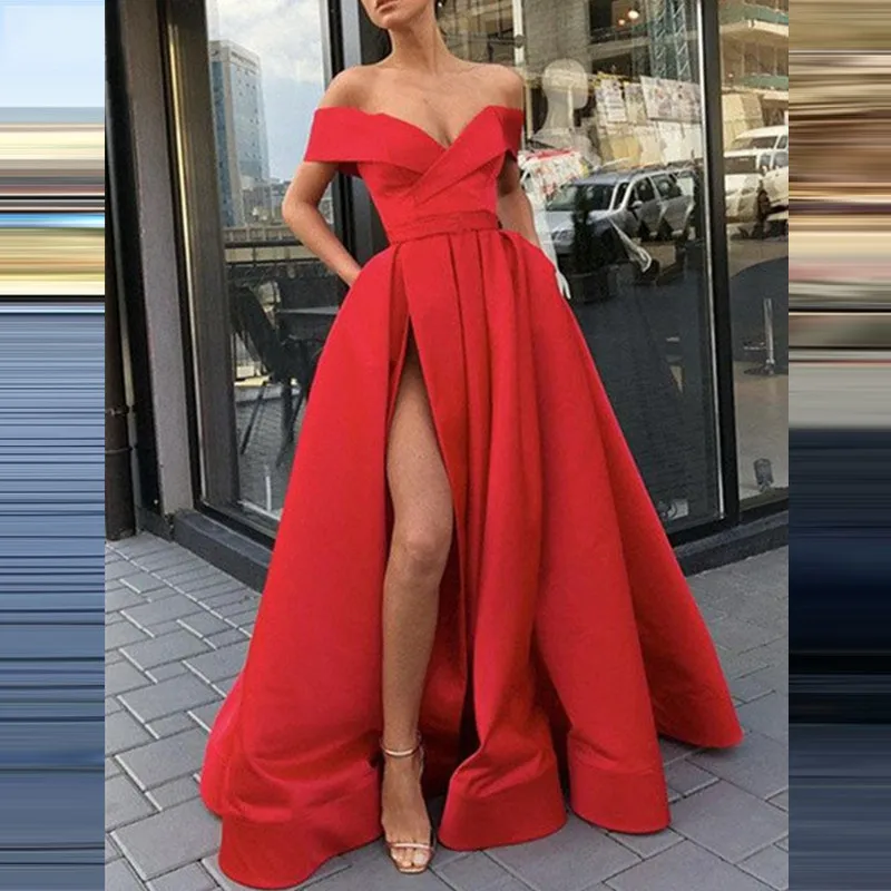 Abgespaltene Schulter Frauen Ballkleid tiefen V-Ausschnitt großen Rock Saum Party kleid viele Farben ärmelloses Abendkleid neueste auf Lager