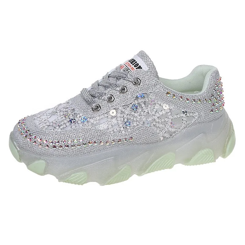 Women Sports Shoes Breathable Rhinestone Sparkling 2024 Autumn New Korean Version Jelly High Elasticity Thick Sole Casual Shoes