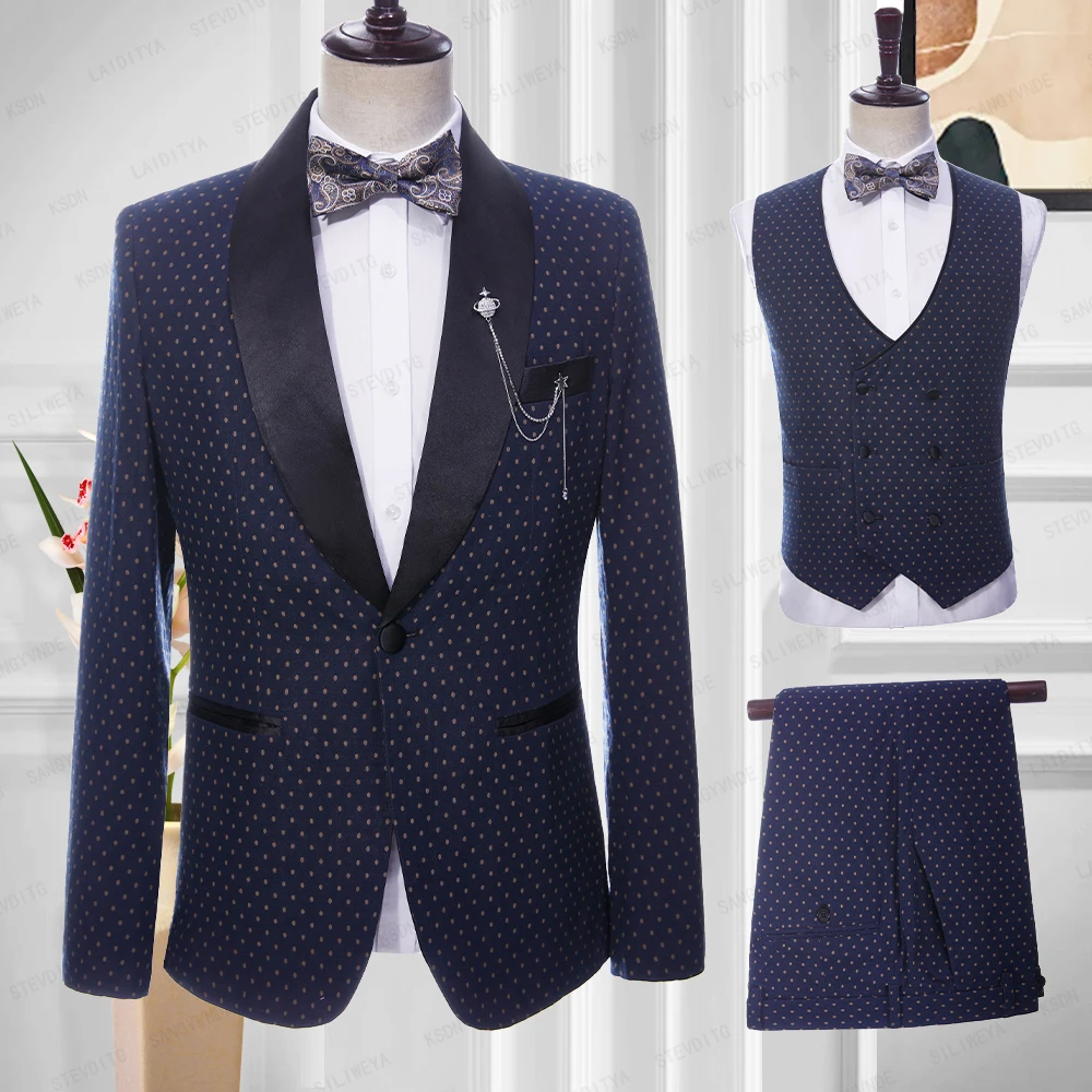 2023 New Men Summer Wedding Blue Linen Suits Khaki Dots Black Satin Lapel Business Formal Slim Fit 3 Pcs Set Jacket Vest Pants