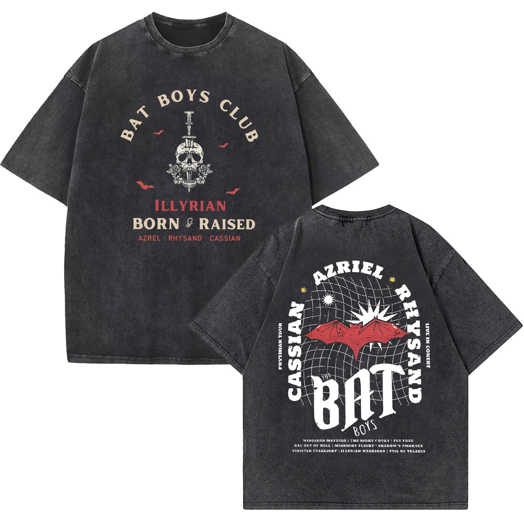 Hot The Bat Boys Rhysand Azriel Cassian Vintage Washed T Shirts Men Women's Harajuku Fashion Short Sleeve T-shirt Y2k Streetwear